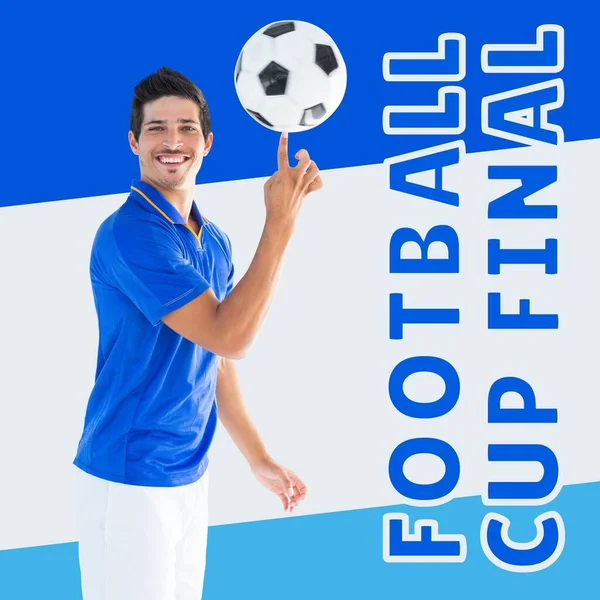 Football Cup Final Text Blue White Caucasian Male Footballer Spinning — Stock Photo, Image