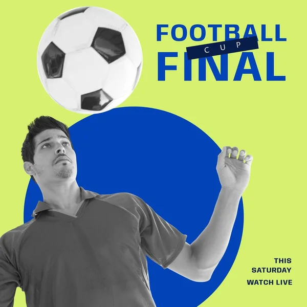 足球杯最后的文字是绿色和蓝色 由高加索男性足球运动员和球组成 足球联赛决赛 这个星期六 观看现场直播活动产生的图像 — 图库照片