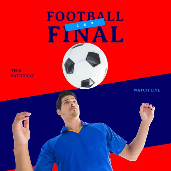 足球杯最后的文字是红蓝相间的 由白人男性足球运动员和球组成 足球联赛决赛 这个星期六 观看现场直播活动产生的图像 — 图库照片