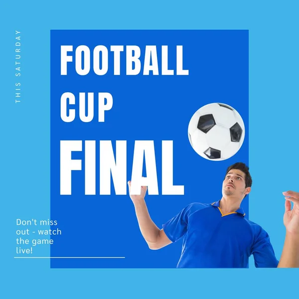 Coppa Calcio Testo Finale Blu Con Calciatore Maschile Caucasico Palla — Foto Stock