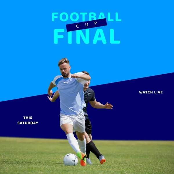 Labdarúgó Kupa Végleges Szöveg Kék Fehér Férfi Labdarúgó Futballisták Futás — Stock Fotó