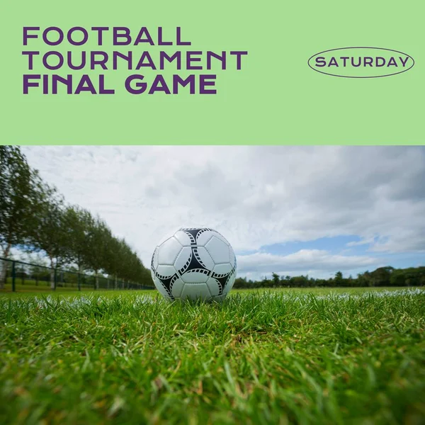 Fotbalový Turnaj Finálová Hra Text Fialové Zelené Fotbalem Trávě Hřiště — Stock fotografie
