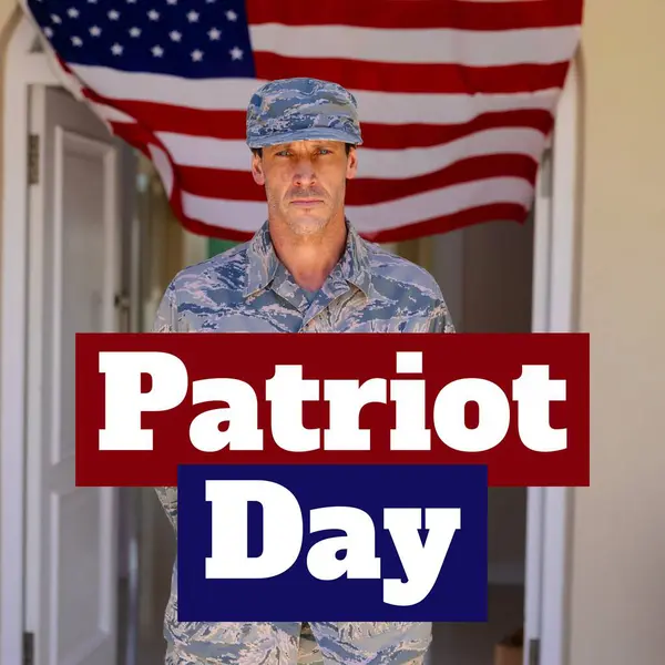 Composition of patriot day text over caucasian male soldier and flag of usa. Patriot day, military, patriotism and celebration concept digitally generated image.