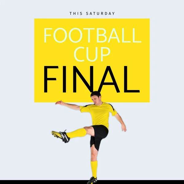 Fotbalový Pohár Finální Text Žluté Běloch Fotbalista Kopat Fotbal Sportovní — Stock fotografie