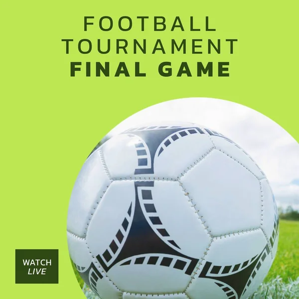 Fotbalový Turnaj Finálová Hra Text Fotbalem Trávě Hřiště Zeleném Pozadí — Stock fotografie