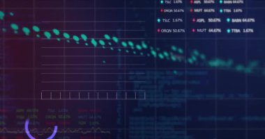 Animation of statistical and stock market data processing against blue background. Global economy and business data technology concept