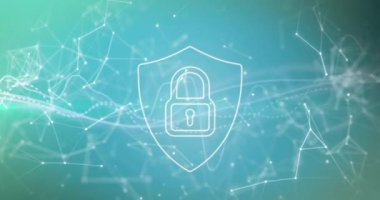 Bağlantılar ve veri işleme ağı ile asma kilit animasyonu. Dijital olarak oluşturulmuş küresel çevrimiçi güvenlik, bağlantılar, hesaplama ve veri işleme kavramı.