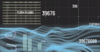 Finansal veri işleme animasyonları siyah arkaplan dalgaları üzerinde. Küresel iş, finans, hesaplama ve veri işleme kavramı dijital olarak oluşturulmuş video.