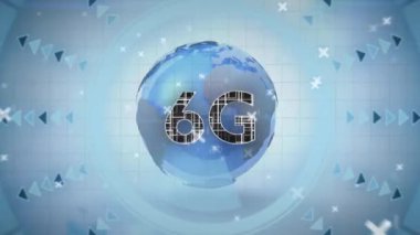 Veri işleme sistemli 6G metnin animasyonu. Dijital olarak oluşturulan küresel ağlar, hesaplama ve veri işleme kavramı.