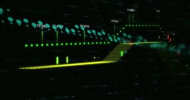 Animation of financial data processing against black background. Global finance and business data technology concept