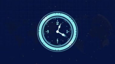 Arka plandaki nokta ve küreye karşı dijital saatin şebeke üzerindeki animasyonu. Dijital olarak üretilen hologram, illüstrasyon, zaman, üç boyutlu, küreselleşme ve teknoloji kavramı.