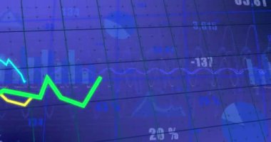 Mavi arkaplan ile ızgara ağı üzerinden istatistiksel veri işleme animasyonu. Bilgisayar arayüzü ve iş veri teknolojisi kavramı
