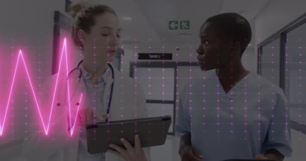 Animation Des Kardiographen Über Verschiedene Ärzte Die Mit Tabletten Sprechen — Stockvideo