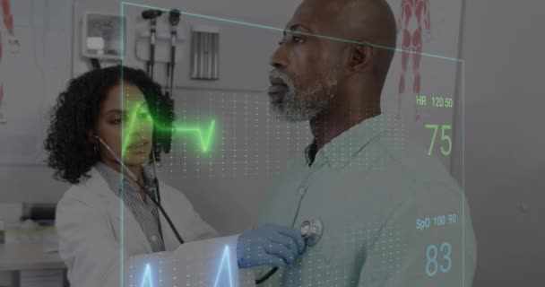 Animacja Kolorowych Kardiogramów Nad Różnymi Pacjentami Lekarzami Koncepcja Medycyny Zdrowia — Wideo stockowe