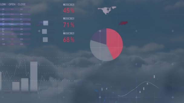 Animacja Przetwarzania Danych Statystycznych Tle Chmur Niebie Interfejs Komputerowy Koncepcja — Wideo stockowe