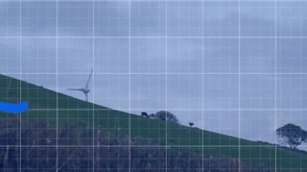 Animering Statistisk Databehandling Mot Snurrande Väderkvarnar Gräsmark Återställbar Teknik För — Stockvideo