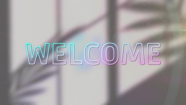 Animation Illuminated Welcome Text Lens Flares Shadow Plants White Wall — Stock Video