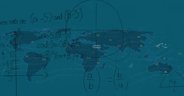 Animatie Van Wiskundige Gegevensverwerking Wereldkaart Groene Achtergrond Mondiale Verbindingen Computer — Stockvideo