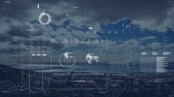 针对城市景观的空中景观 动画与数据处理的接口 计算机接口和商业技术概念 — 图库视频影像
