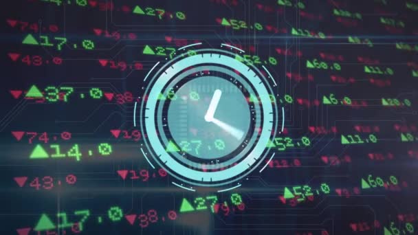 Animación Del Reloj Marcando Sobre Procesamiento Datos Financieros Negocios Globales — Vídeo de stock