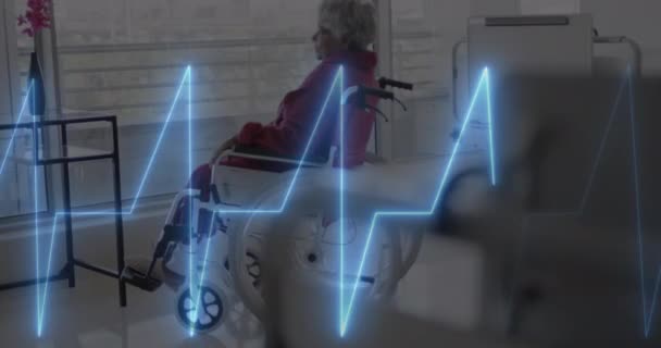 Tekerlekli Sandalyedeki Çift Irklı Yaşlı Kadın Hasta Üzerinde Kardiyograf Animasyonu — Stok video