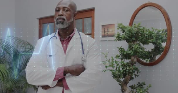 Animación Cardiograma Sobre Médico Afroamericano Feliz Con Estetoscopio Concepto Medicina — Vídeos de Stock