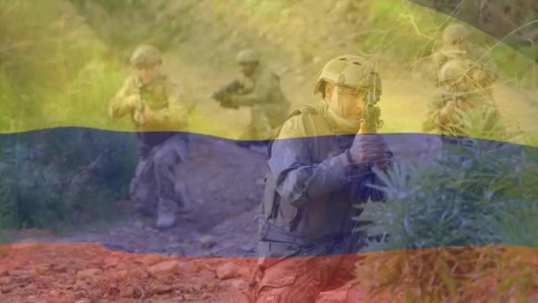 Animazione Della Bandiera Della Colombia Diversi Soldati Patriottismo Forze Armate — Video Stock