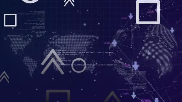 Animace Zpracování Dat Přes Mapu Světa Modrém Pozadí Globální Připojení — Stock video
