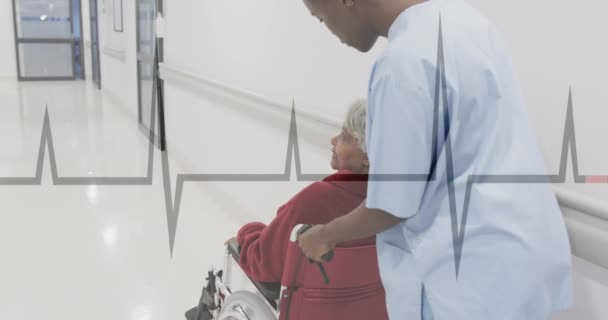 Animacja Kardiografu Różnych Starszych Pacjentek Wózku Inwalidzkim Pielęgniarce Koncepcja Medycyny — Wideo stockowe