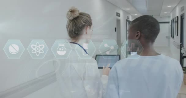 タブレットを使用して 多様な女性患者や医師の医療アイコンのアニメーション 健康とデジタルインターフェイスの概念 デジタル生成されたビデオ — ストック動画