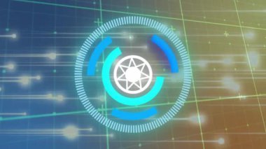 Animation of star in loading circles over grid pattern against dots on abstract background. Digitally generated, hologram, illustration, illuminated, three dimensional and progress concept.