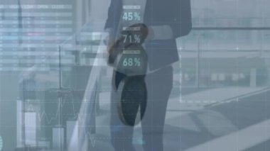 Ofiste dijital tablet kullanan Kafkas iş kadını üzerindeki bilgi arayüzü animasyonu. Dijital bileşik, çoklu pozlama, rapor, ilerleme, büyüme, küresel ve teknoloji kavramı.