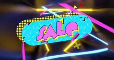 Eskimiş konuşma afişi ve koyu arkaplanda neon şekiller üzerinde satılık metnin animasyonu. Perakende satış, dijital arayüz ve dijital olarak oluşturulan iletişim videosu.