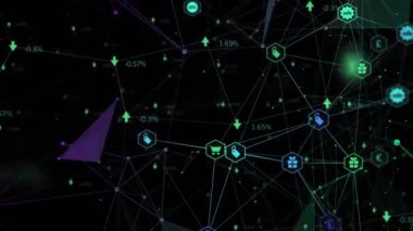 Birbirine bağlı noktaların, siyah arkaplana karşı değişen sayılarla birleştirilmesi. Dijital olarak üretilmiş, hologram, illüstrasyon, aydınlanma ve iletişim konsepti.