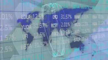 Soyut arkaplanda haritaya karşı daireler üzerinden ticaret tahtası animasyonu. Dijital olarak üretilen hologram, illüstrasyon, şekil, iş dünyası, borsa ve küresel kavram.
