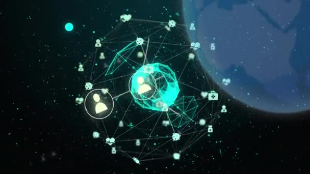 Animacja Połączonych Ikon Kropek Tworzących Globus Niebieskim Globie Czarnym Tle — Wideo stockowe