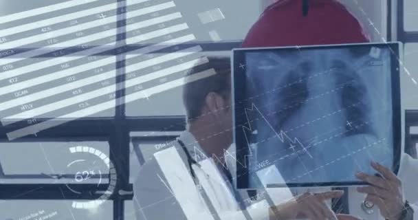 Animación Interfaz Infográfica Sobre Médicos Caucásicos Discutiendo Radiografía Del Paciente — Vídeo de stock