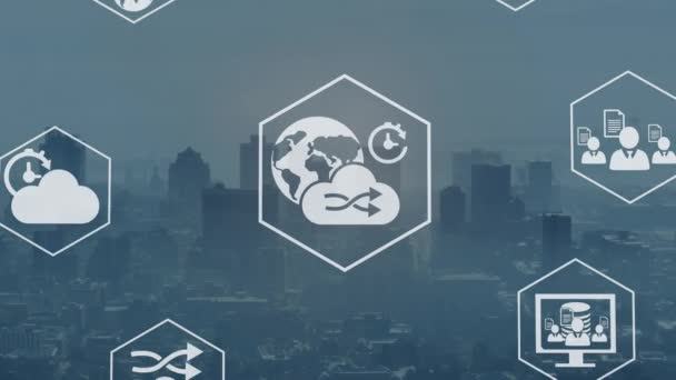Animation Computer Icon Hexagons Lens Flares Modern Cityscape Sky Digital — Vídeo de Stock