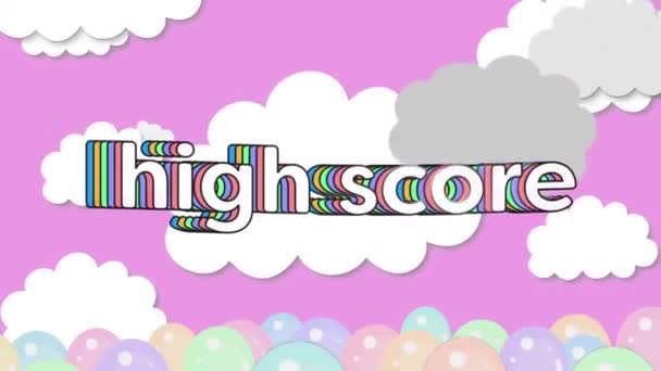 Animation Des Highscore Textes Auf Wolken Und Luftballons Auf Rosa — Stockvideo