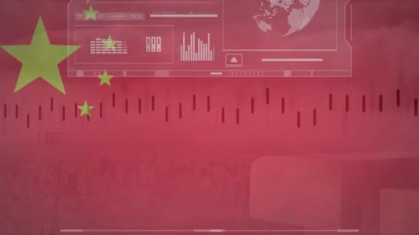 Animation Globe Graphs Loading Bars Circles Flag China Background Digitally — ストック動画