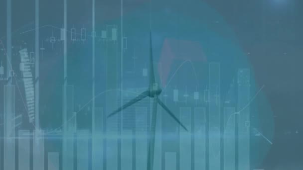 Animation Mehrerer Diagramme Über Rotierende Windmühlen Gegen Beleuchtete Moderne Gebäude — Stockvideo