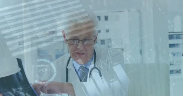 Animacja Interfejsu Infograficznego Nad Białym Lekarzem Omawiającym Prześwietlenie Pacjentem Szpitalu — Wideo stockowe