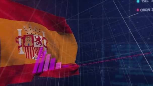 Animación Del Procesamiento Datos Estadísticos Sobre Ondear Bandera España Sobre — Vídeo de stock