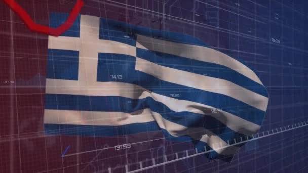 紫色の背景に対してギリシャ国旗を振った統計データ処理のアニメーション 愛国主義とビジネスデータ技術のコンセプト — ストック動画