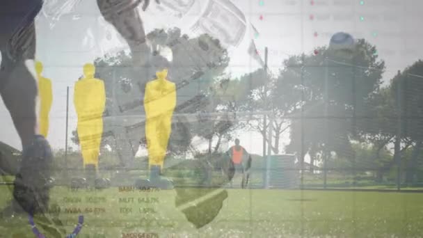 Küre Dolusu Banknotların Animasyonu Serbest Vuruş Yapan Erkek Futbolcunun Orta — Stok video