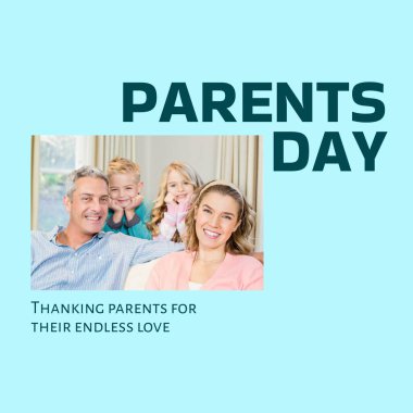 Ebeveynler günü mavi üzerine mutlu beyaz anne baba, oğul ve kız portresi. Dijital ortamda oluşturdukları sonsuz aşk kampanyası için ailelere teşekkür ediyoruz..