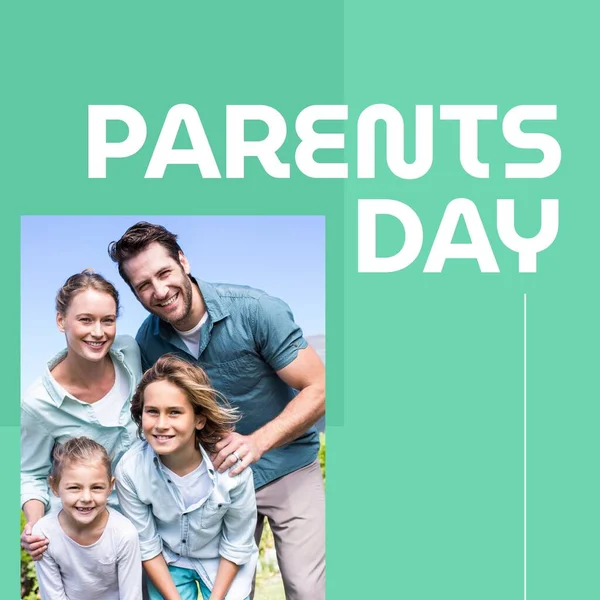 Parents Day Text Green Happy Caucasian Parents Son Daughter Sun — Stock Photo, Image
