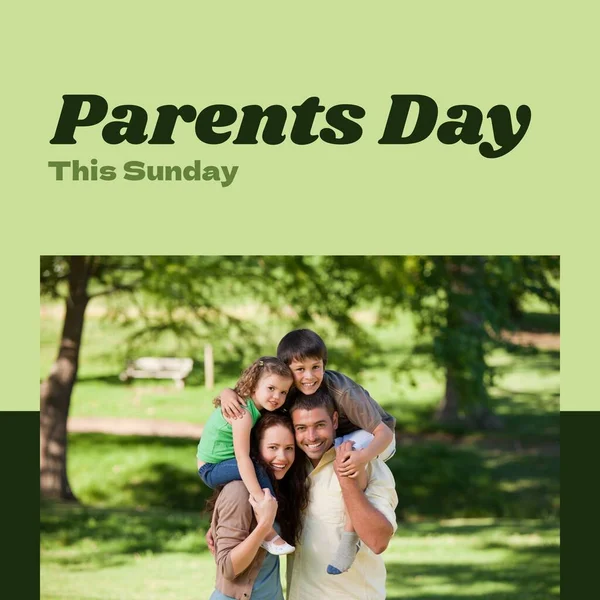 Parents Day Sunday Text Green Happy Hispanic Parents Children Sunny — Stock Photo, Image