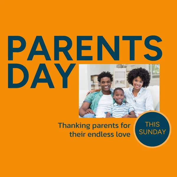 Parents day this sunday text with portrait of happy african american parents and son at home. Celebration, thanking parents for their endless love campaign digitally generated image.