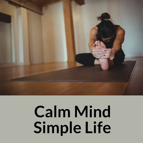 Composition Calm Mind Simple Life Text Caucasian Woman Exercising Stretching — Stock Photo, Image